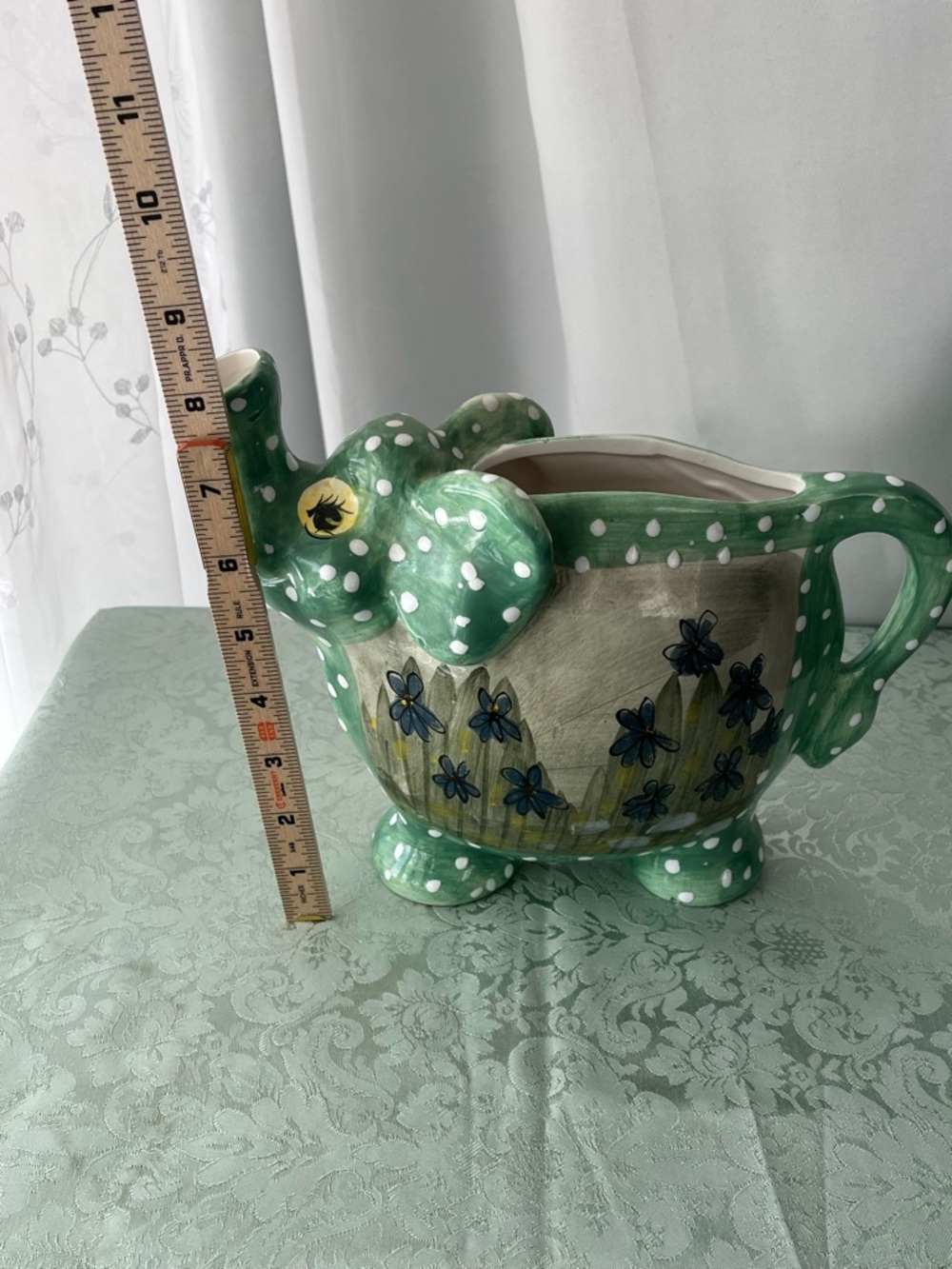 Elephant Pitcher with Green & White Polkadots & Violet Flowers. - Picture 4 of 6